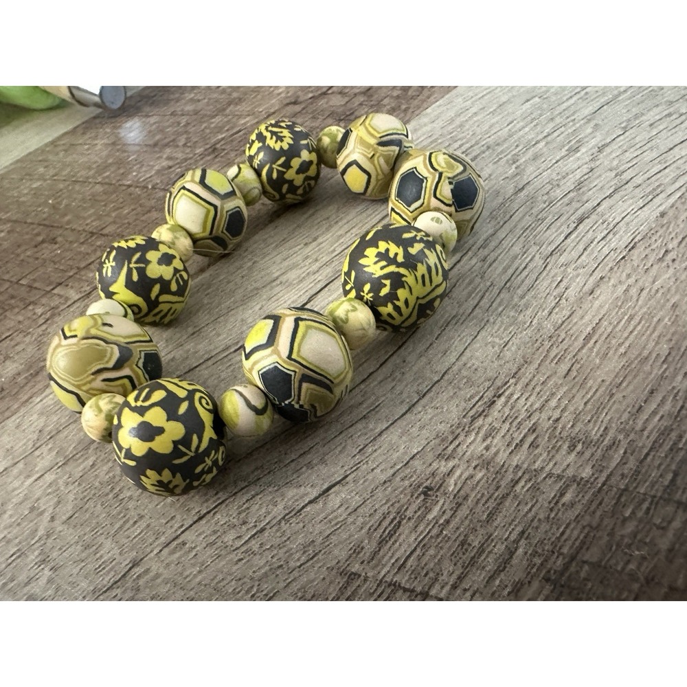 Chunky Hand Painted Beaded Stretch Bracelet Black Yellow Green Boho Floral
